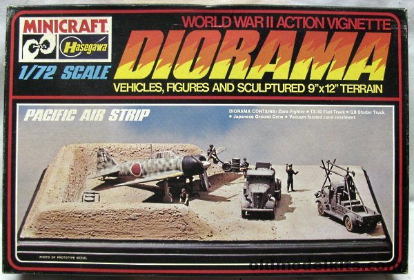 Hasegawa 1/72 Pacific Airstrip Diorama with Revetment Coral Base / Zero Fighter / TX-40 Fuel Truck / GS Starter Truck / Japanese Ground Crew, 601 plastic model kit